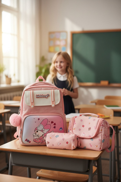 JOJO KIDS Girl's 3-piece set primary school backpack, waterproof fabric bag, thermal lunch bag.