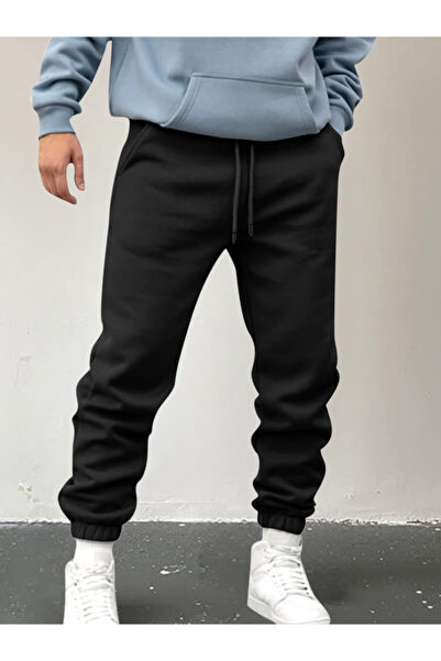 DEEPSENCE Erkek Siyah 3 İplik Kışlık Kalın Eşorfman Altı Lastik Paça Jogger