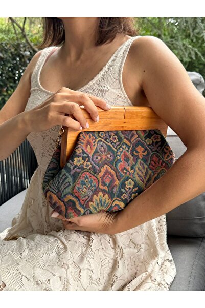 JOPHIEL ATELIER Penalope Collection - Chain, Wooden Handle Fabric Bag, Clutch, Handbag, Purse