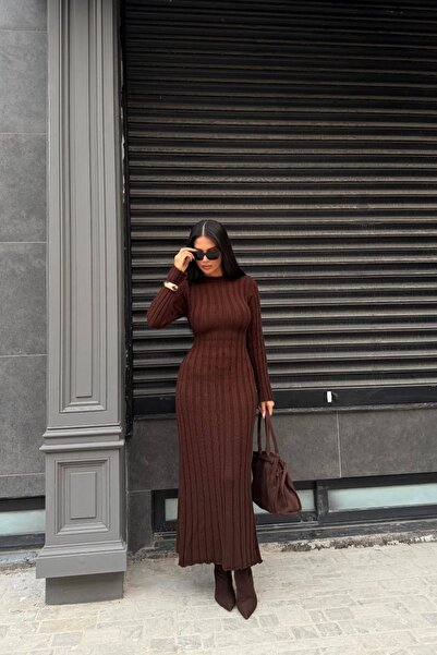 Auroveen Basic Corded Fabric Waist Detailed Knitwear Long Dress Av3909