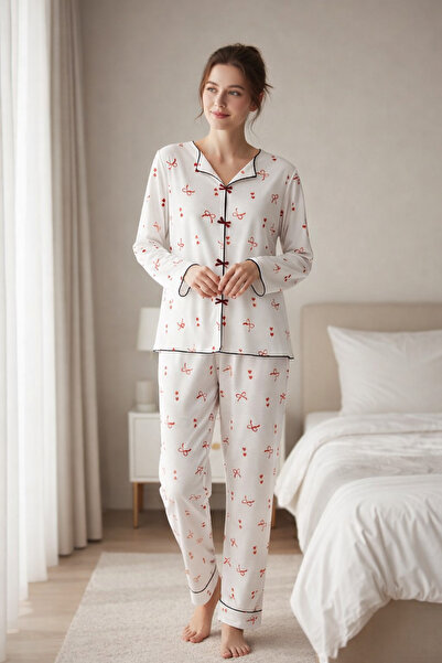 Silona Homewear Set de pijamale cu guler de cămașă și detaliu panglică roșie
