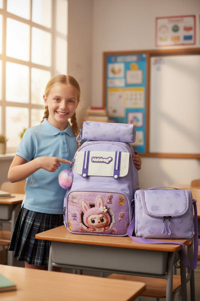 JOJO KIDS Girl's 3-piece set primary school backpack, waterproof fabric bag, thermal lunch bag.