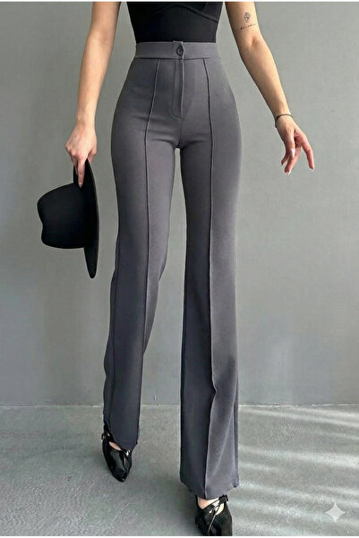 CyRo Women's High Waist Front Seam Detailed Shaping / Sculpting Effect Wide Leg Trousers