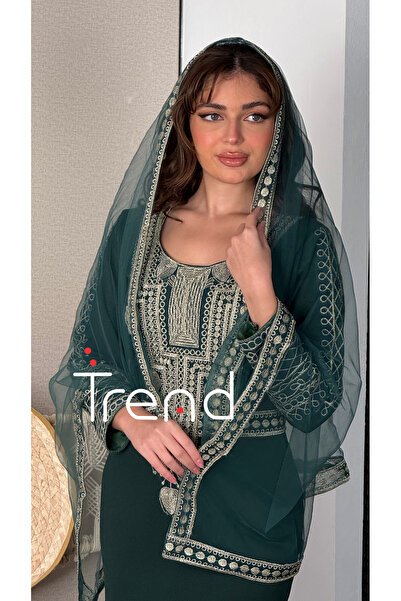 TREND فستان ليكرا بطرحة راس (اخضر)