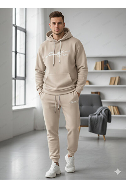 ALİ.COM Men's Hooded Winter'Limited' Printed Three Yarn-In-Cotton Tracksuit Set-Top and Bottom Set