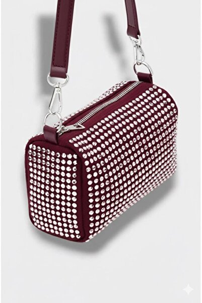 EZZY BLİSS Ezzybliss Women's Burgundy Stone Stylish Design Chain Handbag with Shoulder Strap