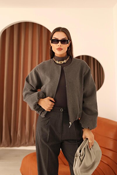 Hazel Women's anthracite cashmere crew neck bomber jacket