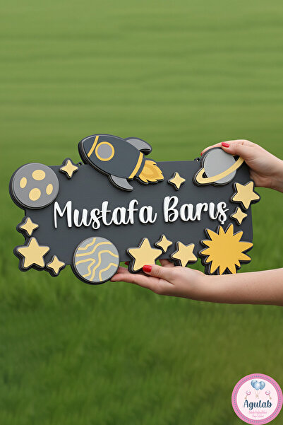 Agulab Uzay Temalı İsimli Işıklı Bebek Kapı Süsü -Hastane Odası Kapı Süsü- He...