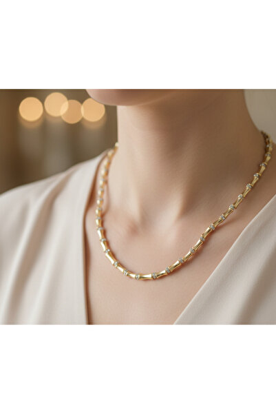 Ervalina Serenay Zirkon Taşlı Şık Gold Boru Boncuk Kolye