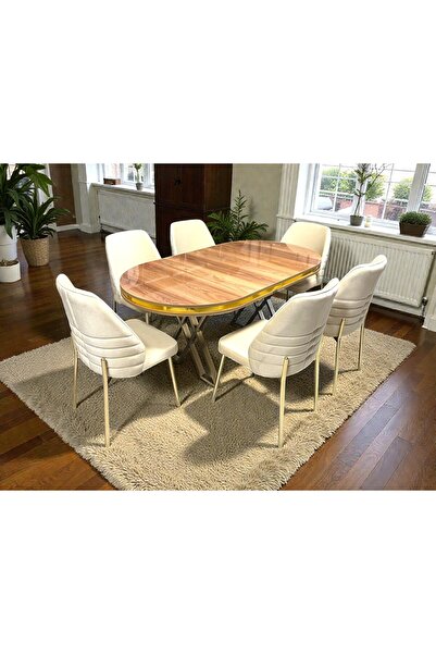 MSY HOME 6 Kişilik Monaco Stil Gold Çizgili Yönsüz Kumaş Modern Yemek Odası Seti
