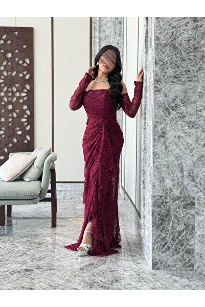 RUANI BIUTI فستان سهرة دانتيل أوف شولدر مع أكمام