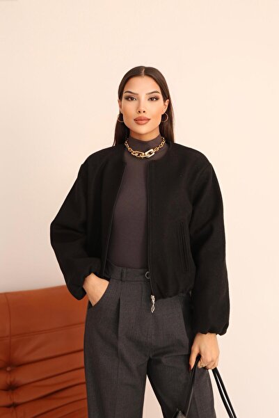 Hazel Women's Black Cashmere Crew Neck Bomber Jacket