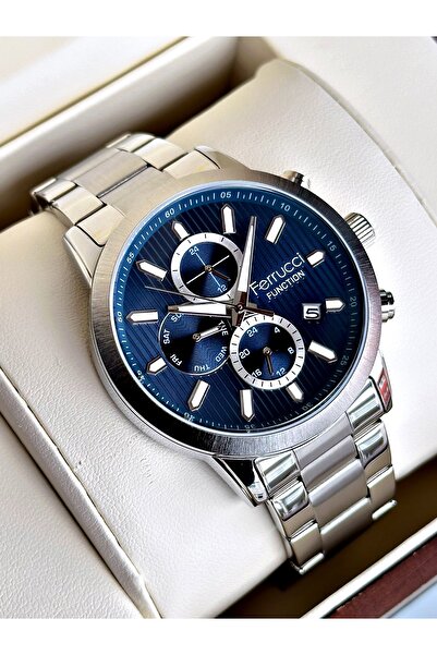 Ferrucci Functional Guaranteed Silver-Navy Blue Color Steel Cord Men's Wristw...