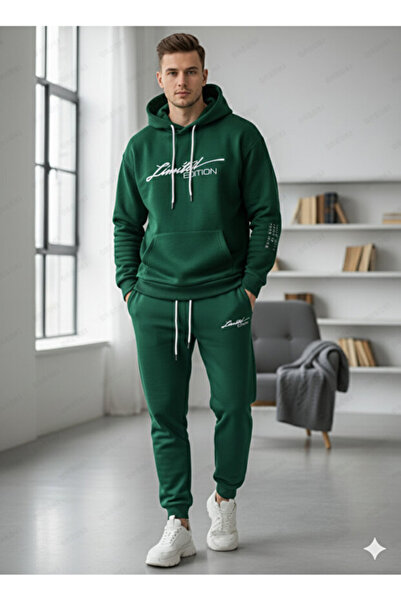 ALİ.COM Men's Hooded Winter'Limited' Printed Three Yarn-In-Cotton Tracksuit Set-Top and Bottom Set