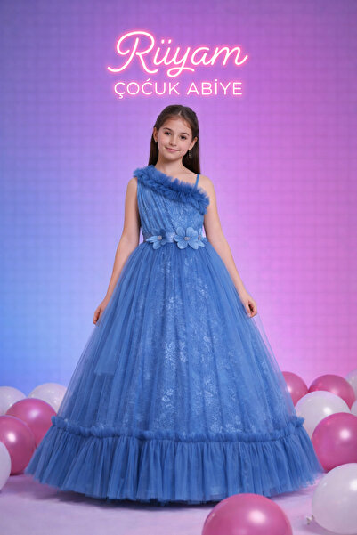 Rüyam Çocuk Giyim Mavi Kız Çocuk Abiye Elbise – Tek Omuz Tül Dantel Detaylı