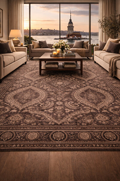 Vog Halı Atlas Serisi Halı Koyu Gri Uşak Desen Saçaklı Lyocell Dokulu Özel Te...