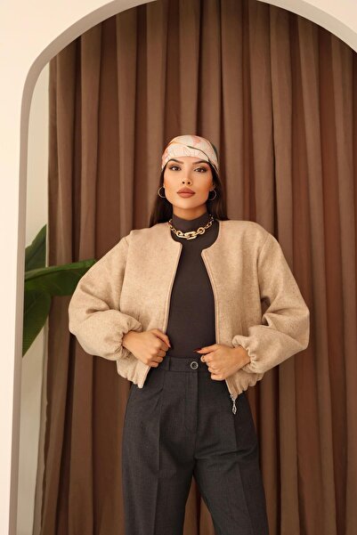 Hazel Women's Stone Kashmere Crew Neck Bomber Jacket