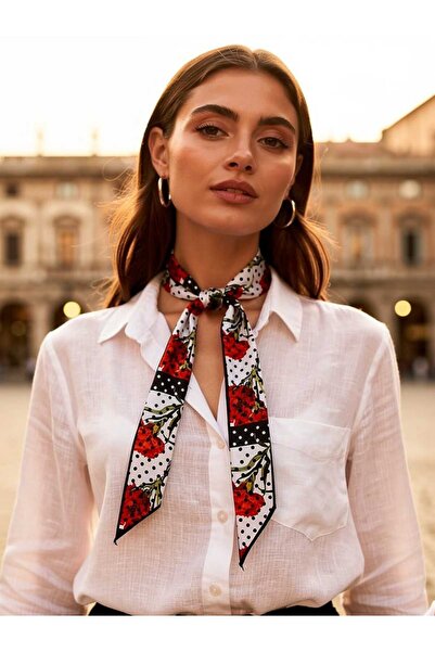 PERLMUTT Kadın Çiçekli & Puantiye Desenli Şık Fular – Boyun ve Çanta Aksesuar...