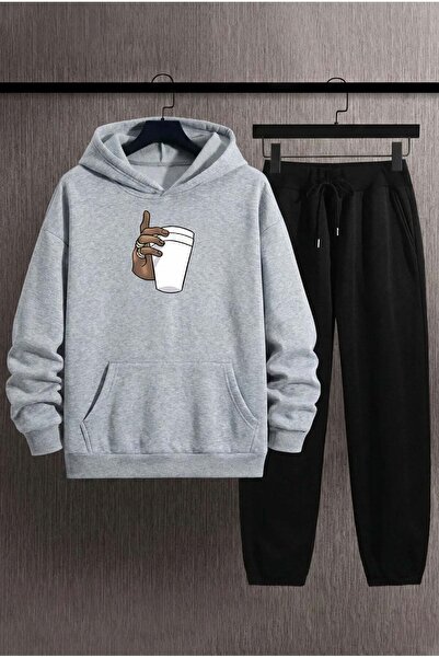 Trend Sizde Unisex Gray Cup Printed Hooded Sweatshirt Tracksuit Set