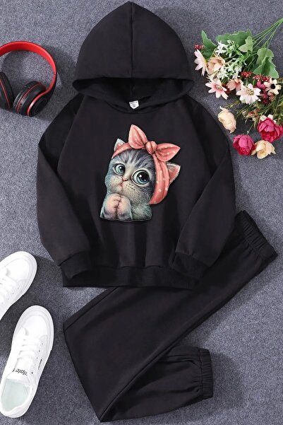 Kids Cute Cat Black Sweat, Black Bottom Tracksuit Set