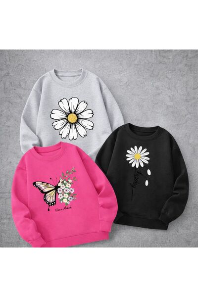 Kids Çocuk 3'lü Çiçek Baskılı Sweatshirt
