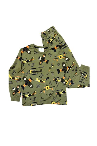 İsobel Kids SET DE PIJAMALE PENTRU BĂIEȚI, DIN ȚESĂTURĂ SUPREM 100% BUMBAC, CU MODEL HELICOPTER, VERDE KHAKI
