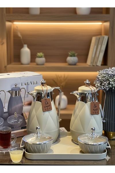 Louvre 5-piece tea and coffee thermos set with serving tray, sugar container, and tea box, gray/silver color