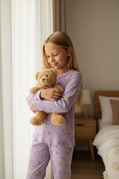 İsobel Kids LİLA ÇİÇEK DESENLİ %100 PAMUK FİTİLLİ KUMAŞ KIZ ÇOCUK PİJAMA TAKIMI