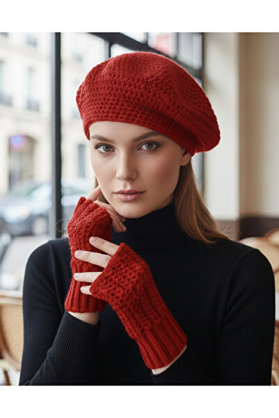 My Scialle Ressam Bere,Parmaksız Eldiven Seti %100 El Örgüsü