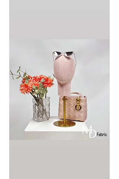 MD Vİtrin Dekorasyon Gold Metal Asansörlü Ayaklı Pembe Süet Kumaş 3 lü Set Ka...