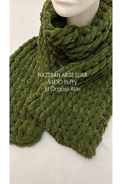 Haziran Aksesuar %100 Puffy Yumuşacık El Örgüsü, Unisex Atkı (Ceviz Yeşili - ...