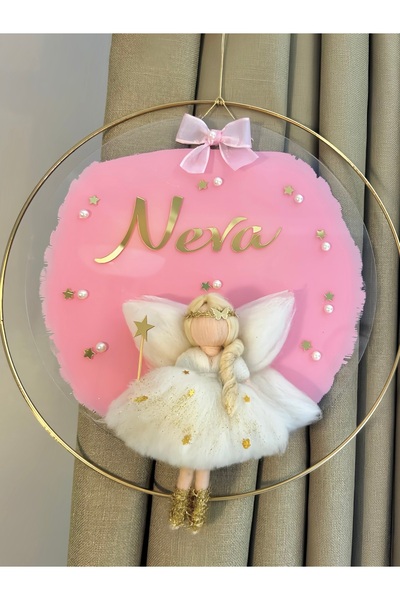 Bebika Kişiye Özel İsimli Gold Çemberli Pembe Bebek Kapı Süsü