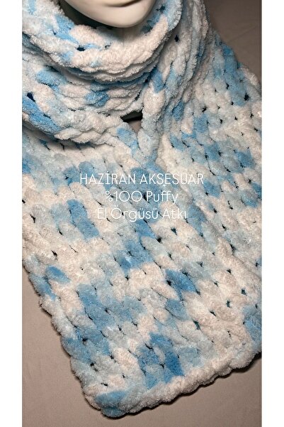 Haziran Accessory 100% Puffy Soft Hand-Knitted, Unisex Scarf (Blue, White Tones)