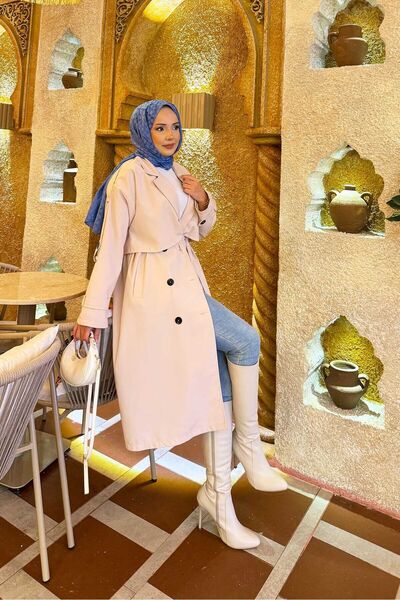 EBRUTESETTÜR Trench Coat with Belt Detail and Shoulder Epaulettes Cream