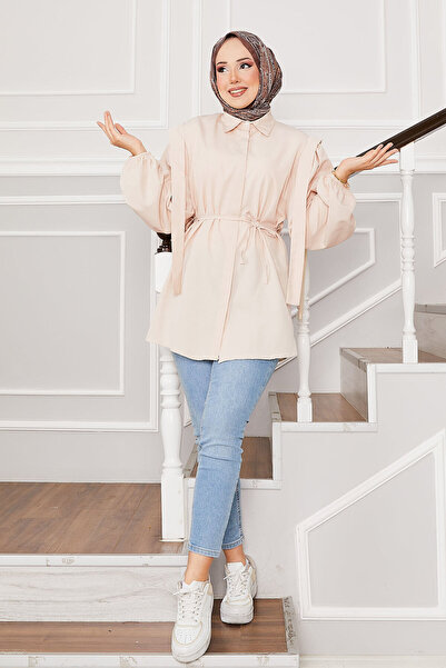 EBRUTESETTÜR Shoulder Detailed Hidden Button Hijab Shirt Beige