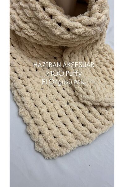 Haziran Aksesuar %100 Puffy Yumuşacık El Örgüsü, Unisex Atkı (Sütlü Kahve)