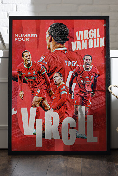 Duvarda Virgil van Dijk Siyah Ahşap Çerçeveli Poster, Dekoratif Spor Duvar Ta...
