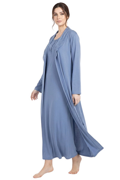 bigmama Pamuk Viskon Büyük Beden Lohusa Gecelik Sabahlık Takımı - Emzirme Uyg...