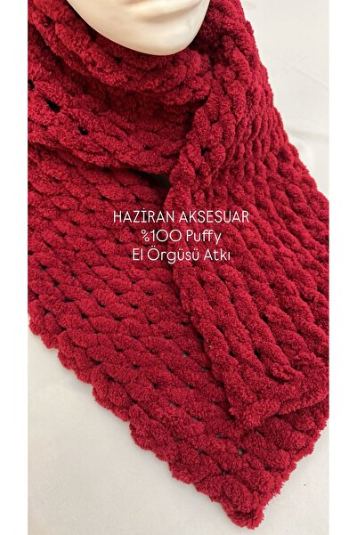 Haziran Aksesuar %100 Puffy Yumuşacık El Örgüsü, Unisex Atkı (Bordo)