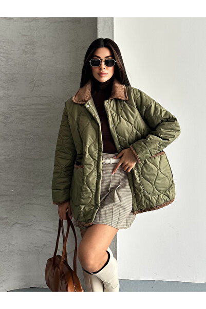 FERZOLAİO Vintage Velvet Collar Quilted Khaki Coat
