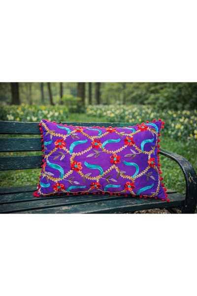 Miss Boheme Purple Color Ivy Embroidered Pompom Bohemian Pillowcase