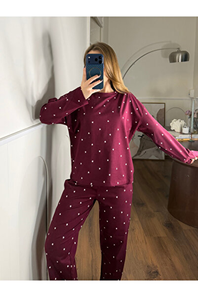 FERZOLAİO Mini Heart Patterned Burgundy Pajama Set