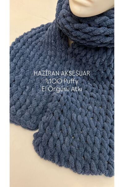 Haziran Accessory 100% Puffy Soft Hand Knitted, Unisex Scarf (Pastel Dark Blue)