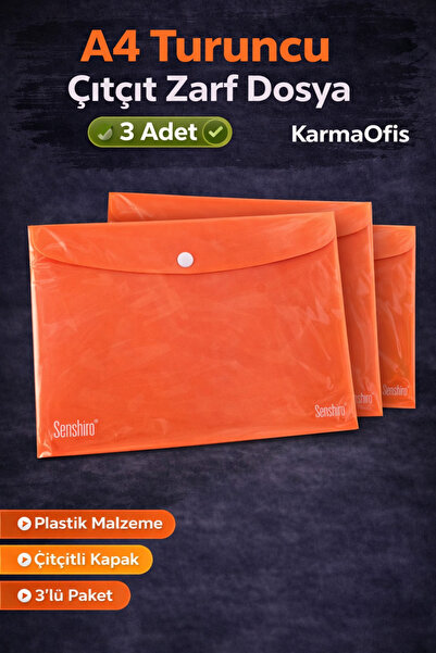 KarmaOfis A4 Помаранчевий конверт на кнопці, 3 шт. – Пластиковий файл для док...