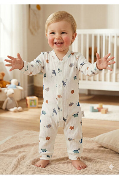 Nayinom %100 Pamuk Yumuşak Dokulu Raporlu Kumaş Safari Desenli Erkek Bebek Tulum