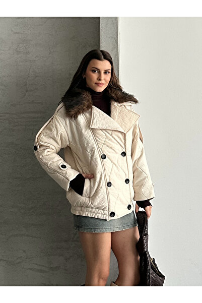 FERZOLAİO Fur Collar Quilted Stone Coat