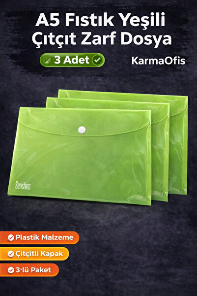 KarmaOfis A5 Зелений конверт з застібкою, 3 штуки – Пластиковий файл для доку...