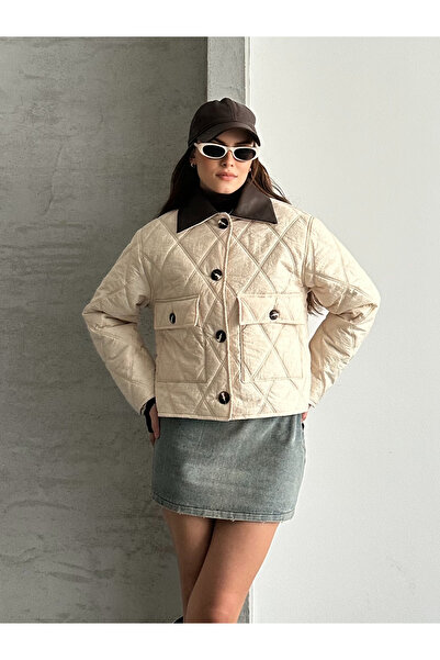 FERZOLAİO Short Quilted Stone Coat with Leather Collar