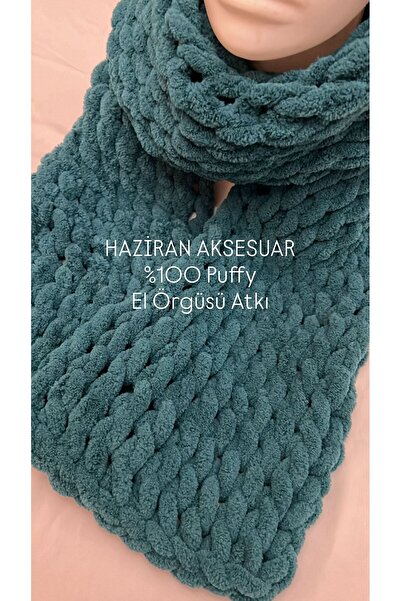 Haziran Aksesuar %100 Puffy Yumuşacık El Örgüsü, Unisex Atkı (Mint Yeşil)
