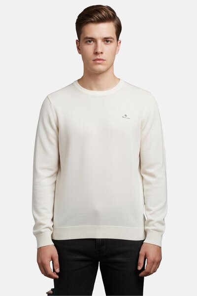 Gant Men Crew Neck Embroidered Logo Long Sleeves Sweatshirt, Off White
